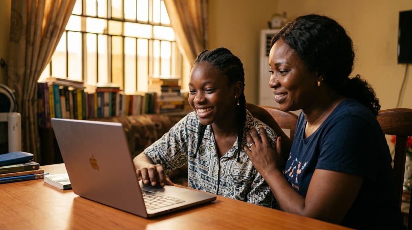 Amaka smiling at her laptop with her mother beside her, hand on her shoulder.
