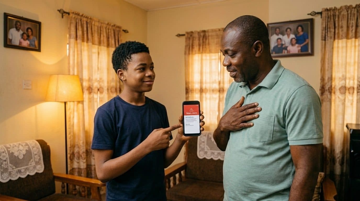 Kelechi, about 14, calmly showing his father a scam alert on his phone.