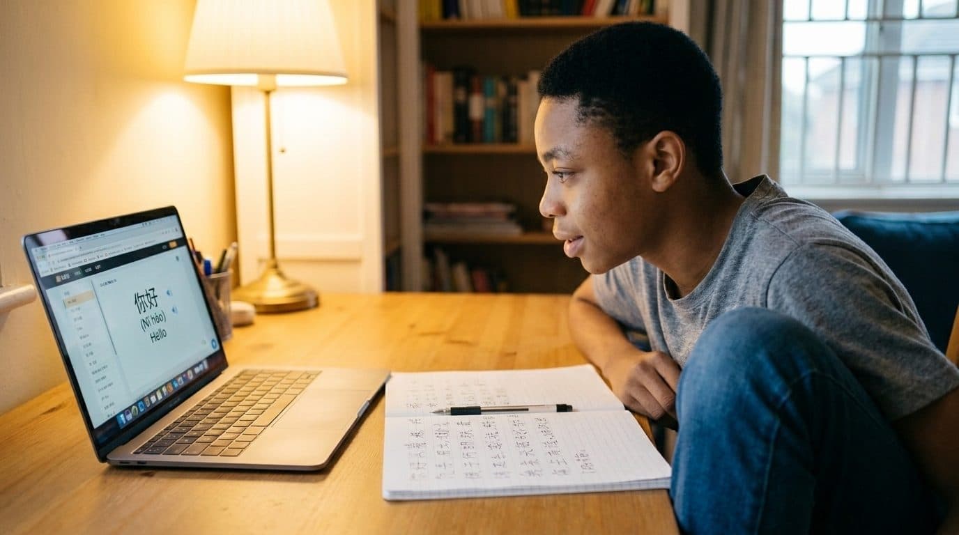Emeka at home, studying Mandarin on a laptop showing a Flourish lesson, notebook of Chinese characters beside him.