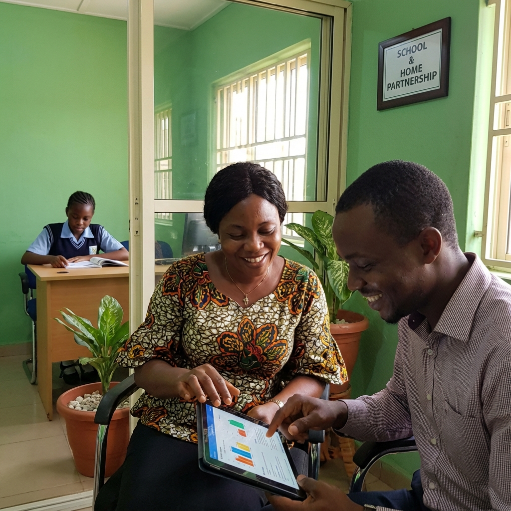Parent and teacher reviewing progress