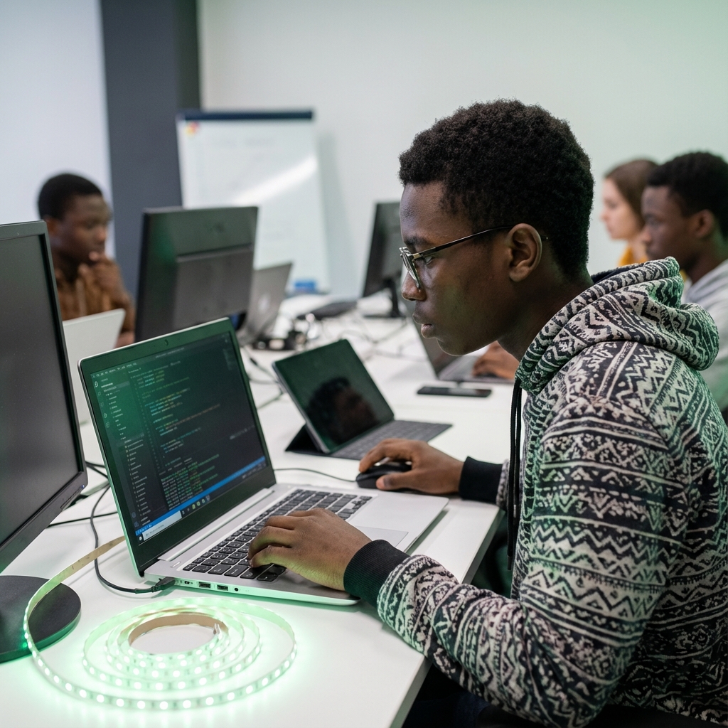 Student coding on laptop