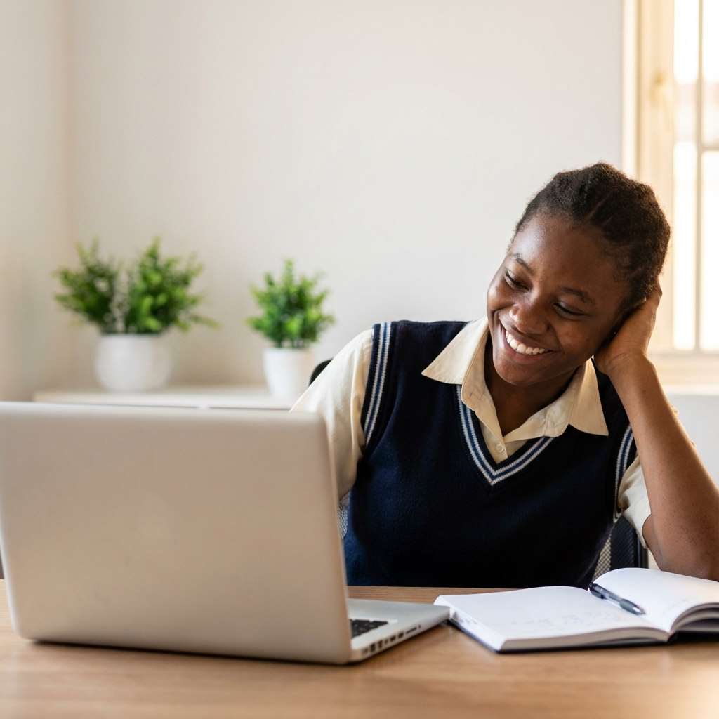 Happy Nigerian student achieving success with Flourish
